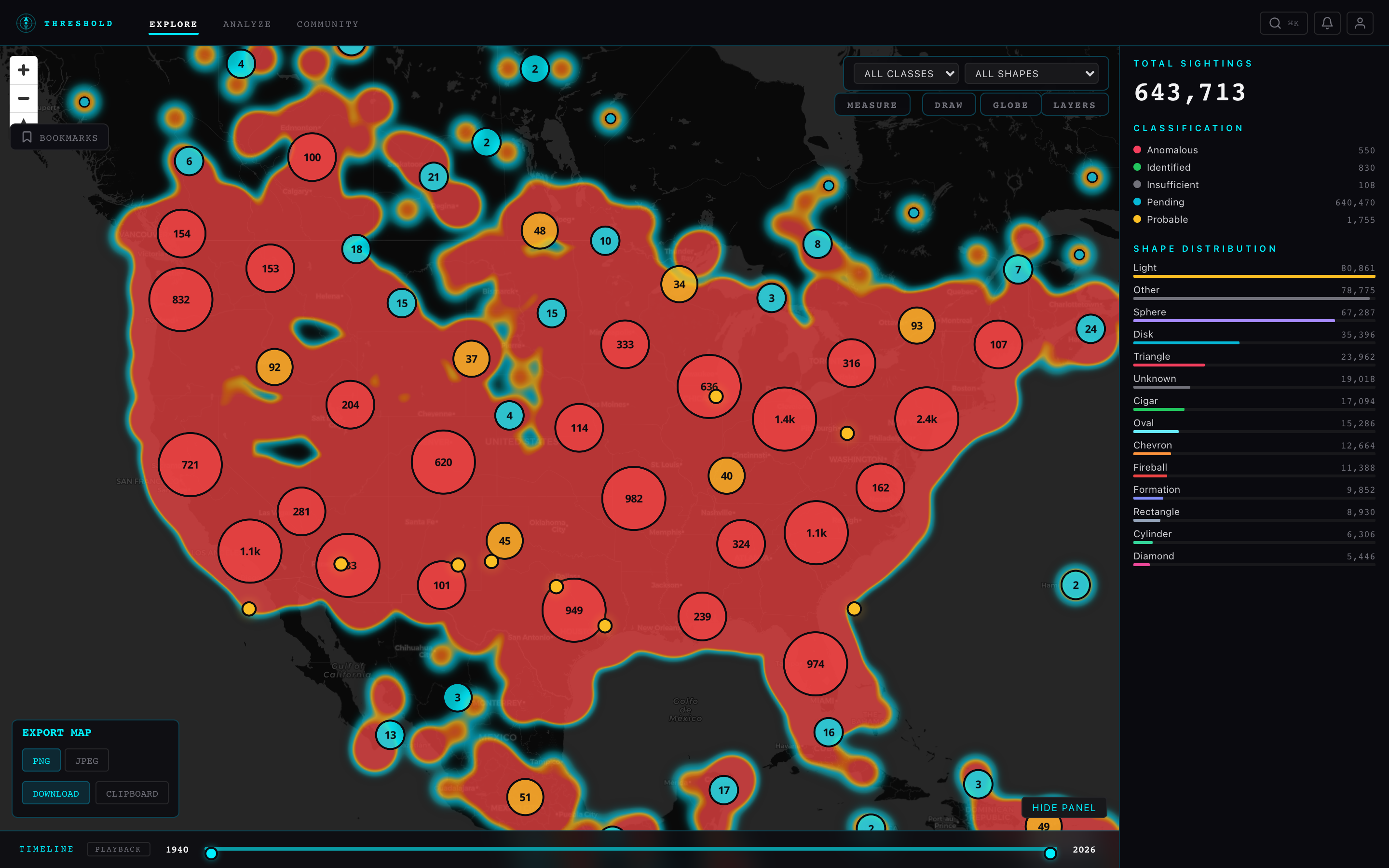 Threshold sighting map with density overlay